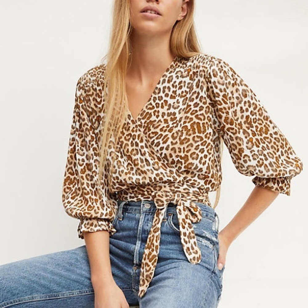 NWT Faithfull Lena Cropped Wrap Blouse Leopard Anthropologie Small